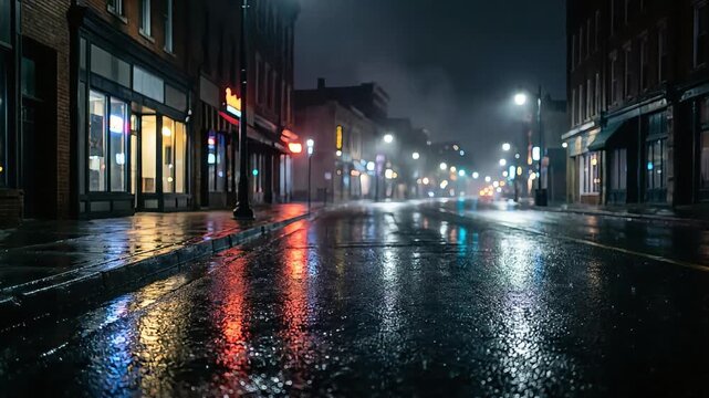 Empty wet city street reflecting glowing lights during a heavy rainstorm at night captured in cinematic motion footage
