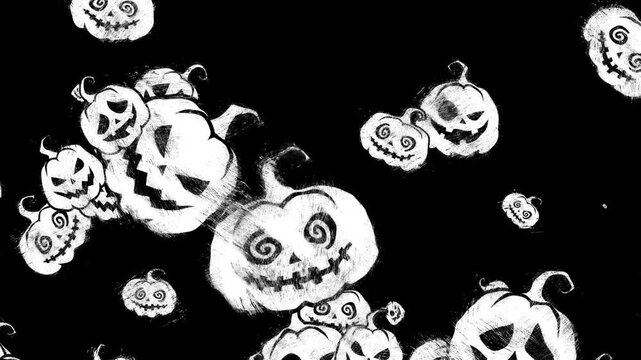 Animation of Halloween pumpkin on a black screen. Cartoon doodle creepy Jack o lantern Spooky face. Halloween pumpkin faces with a scary expressions. Scary psycho evil face. Horror Spooky Wallpaper