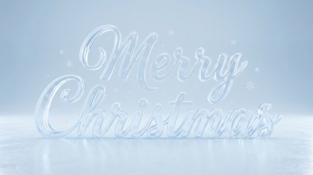 Merry christmas text made of clear ice letters with falling snow on a cold light blue background isolated on transparent background