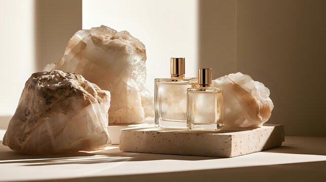 Luxury perfume presentation scene featuring translucent calcite forms beneath balanced architectural daylight premium advertising background 