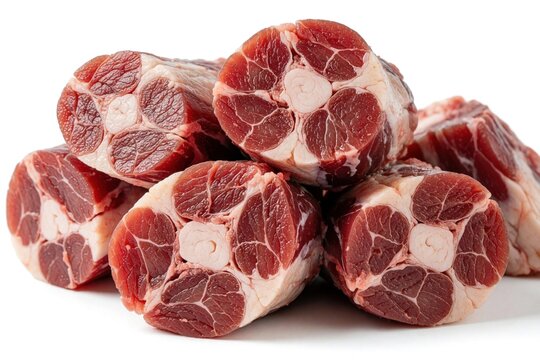 Raw uncooked ox tail pieces on white background. Fresh beef oxtail cuts with bone, fat for stew soup. Butcher meat product for cooking delicious traditional meal. High protein ingredient ready for
