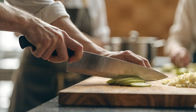 Chef demonstrating knife skills during a cooking masterclass, hands slicing fresh vegetables on a wooden cutting board, advertising banner for cooking school website, online culinary masterclasses