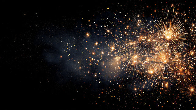 golden fireworks exploding on the right side of a dark night sky, large clean copy space on the left, elegant Diwali celebration background, photorealistic, no text