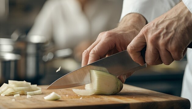 Chef demonstrating knife skills during a cooking masterclass, hands slicing fresh vegetables on a wooden cutting board, advertising banner for cooking school website, online culinary masterclasses