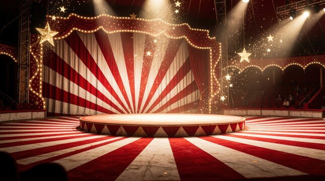 Empty circus arena with red, white striped pattern. Circular stage under bright spotlights in big tent. Festive carnival atmosphere with glowing stars, decorative curtains. Grand theater venue for