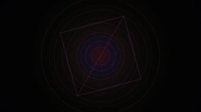 Abstract geometric loops with glowing concentric circles and diamond shapes on dark background