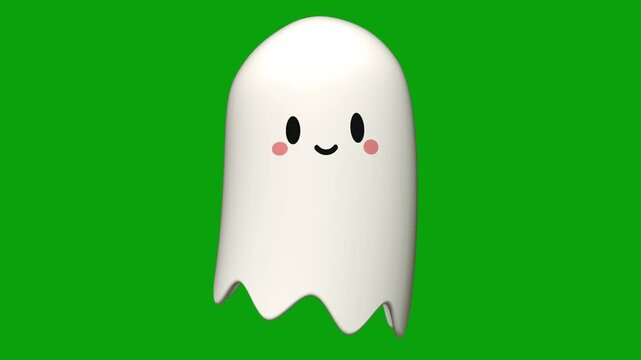 Cartoon kawaii ghosts characters flying loop on Green Screen. Playful 3D Featuring Halloween kawaii Friendly Ghost, Ideal for Social Media Reels, Children's Videos, Digital Invitations. Wite ghosts.