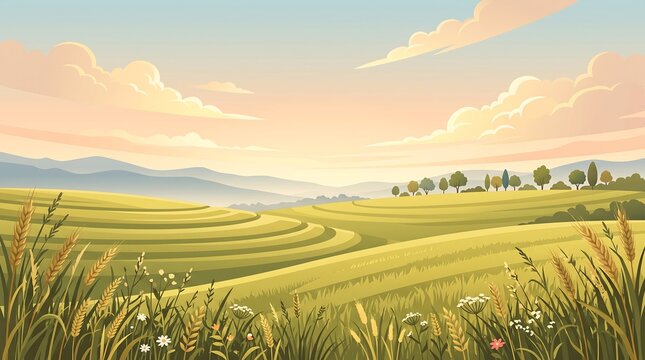 A scenic landscape featuring rolling green hills, golden wheat fields in the foreground, and distant mountains under a soft pastel sunset sky with fluffy clouds and scattered trees