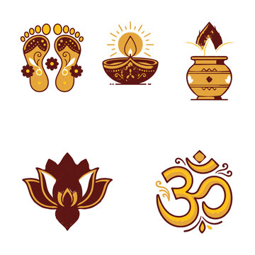 Dhanteras festival collection with traditional religious hindu symbols