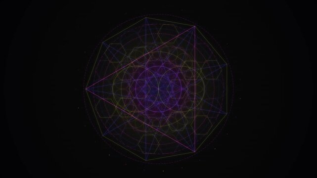 Glowing sacred geometry pattern rotates as a seamless looping animation on a black background
