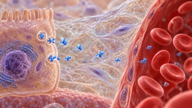 Medical 3D rendering showing cellular signaling and hormone secretion