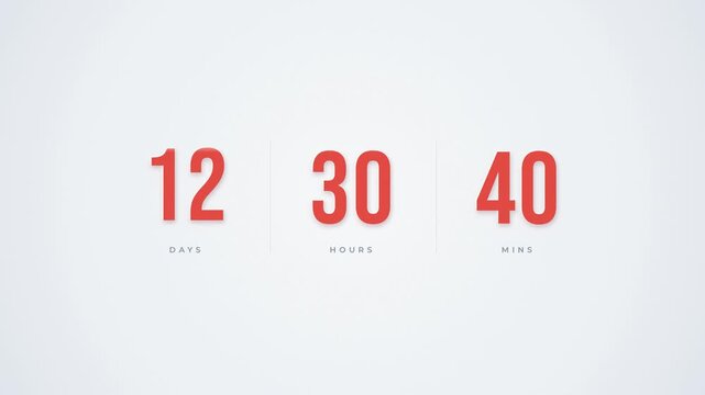 Minimalist Digital Countdown Timer with Coral Red Numbers on Clean White Background Displaying Days Hours and Minutes in a Neumorphic Interface Style for Event Launch and Web