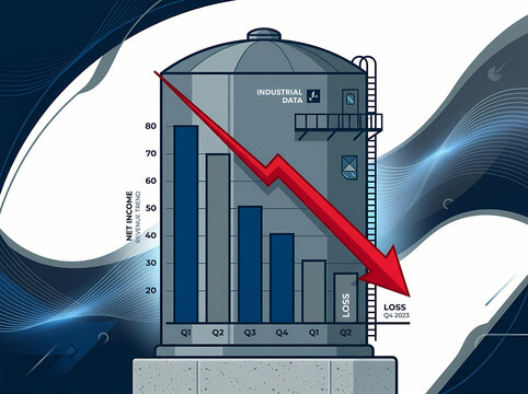 Industrial storage tank illustration showing a declining financial chart with a red arrow indicating business loss.