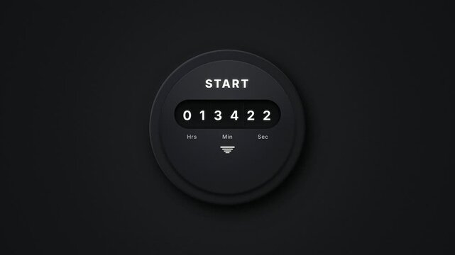 Dark neumorphic circular digital counter display showing zero hours, minutes, and seconds with a start button on a black textured background for UI design and technology concepts.