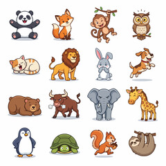 Obraz premium Cute Cartoon Animal Characters Vector Set, Wild and Domestic Animals Collection, Fauna Icons for Kids Education and Design