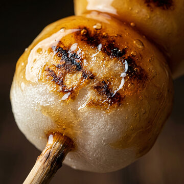 Close up of a delicious grilled dango skewer with sweet soy glaze sauce.