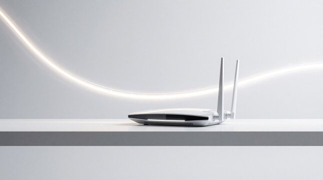 Modern white wireless router sits on minimalist shelf. Glowing light lines flow around device representing high speed internet connection. Digital signal waves move through space in clean bright