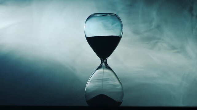 Cinematic hourglass with flowing black sand against dark smoky background symbolizing passing time.