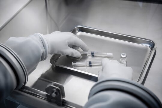 Sterile compounding pharmacy isolator gauntlets arranging capped syringes and a vial