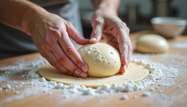 Close-up of chef hands preparing homemade pasta dough on flour-dusted wooden table, culinary masterclass in bright professional kitchen, advertising banner for cooking school website, online culinary 