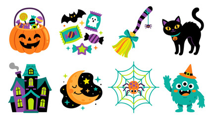 Fototapeta premium Fun Halloween Vector Illustration Sheet Featuring Cute Monsters, Black Cat, Haunted House and Sweets