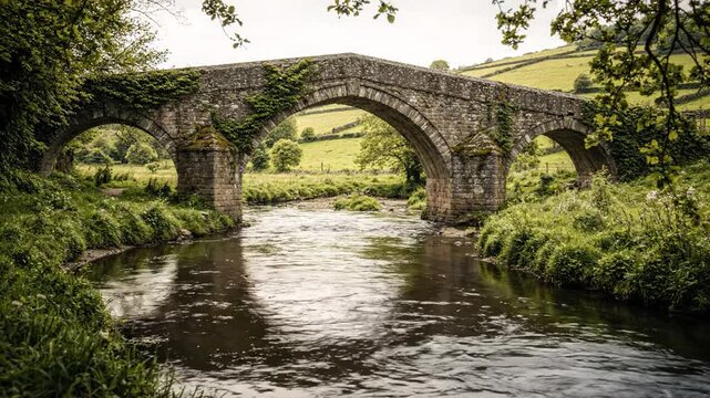 Ancient Stone Bridge Arches Over a Flowing River in a Lush Green Countryside Landscape