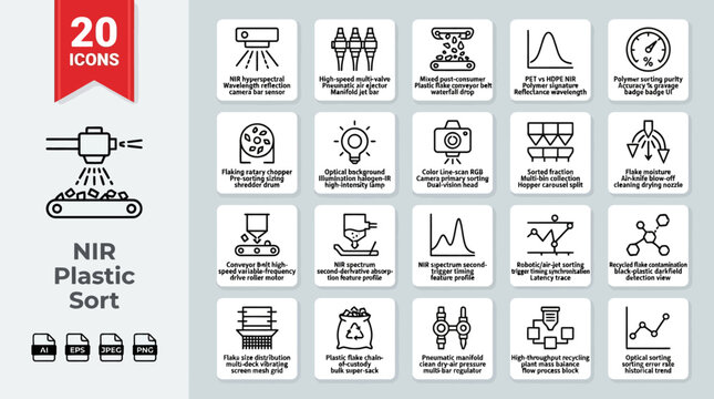 NIR plastic sort icons represent advanced industrial recycling technology and automated sensor systems for material processing facilities.