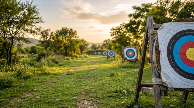 Outdoor archery range with targets on wooden stands in a grassy field at sunset