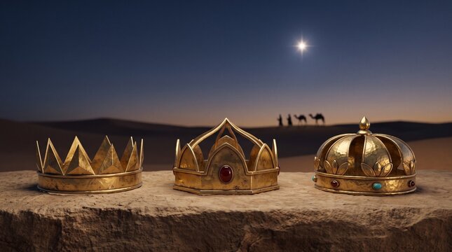 Three gold crowns symbolizing the Magi with a distant desert caravan and the Star of Bethlehem in a serene night landscape