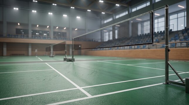Empty indoor badminton arena with green courts and nets under bright overhead lights