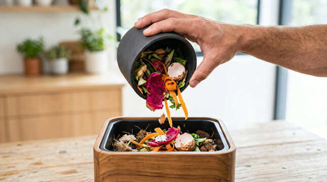 Person pouring organic food scraps into a wooden kitchen compost bin for recycling.