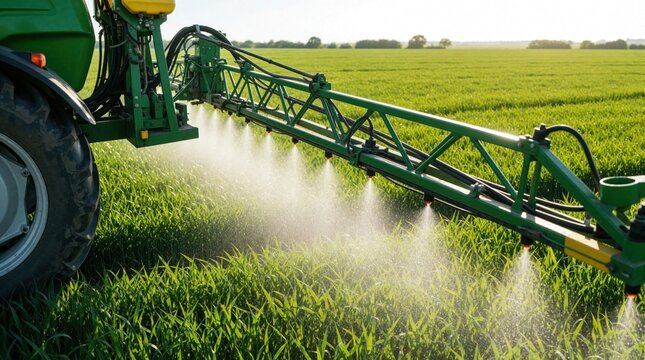 Green tractor sprays liquid fertilizer on young wheat field. Agricultural machinery applies pesticide mist to crops. Modern farming equipment protects plants. Rural harvest preparation. Agribusiness