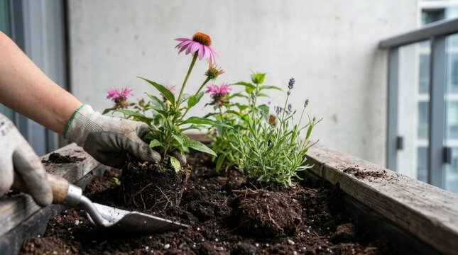 urban pollinator habitat planting closeup Person planting flowers in a raised garden bed on a balcony or patio.