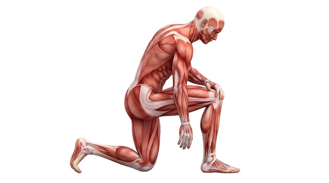 Human muscular anatomy illustration showing seated kneeling figure with visible muscles of arms legs torso and joints isolated on white background