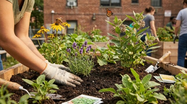 urban pollinator habitat planting closeup Person gardening with plants in an urban community garden bed.