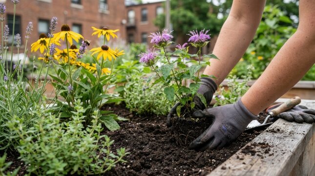 urban pollinator habitat planting closeup Person planting flowers in an urban garden bed wearing gloves.