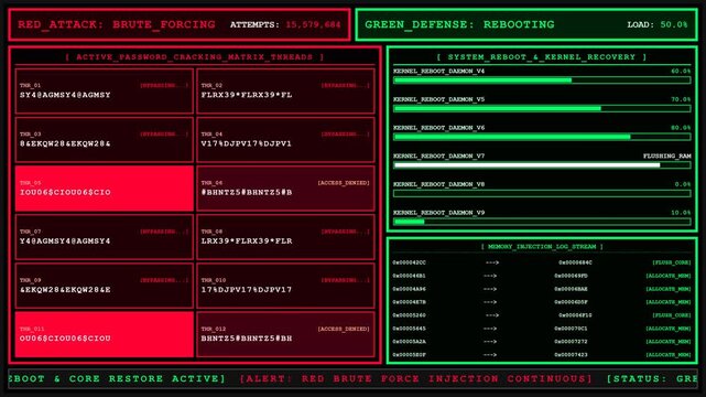 Red Attack Brute force Vs Green Defense Terminal.