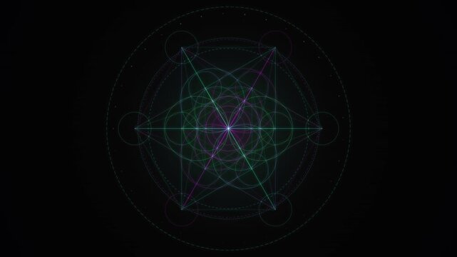Geometric pentagram symbol glows with green and magenta lines in a seamless looping animation on black background.
