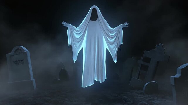 Eerie floating ghost haunting misty cemetery graveyard under moonlight in this dark supernatural cinematic animation video footage for horror concepts