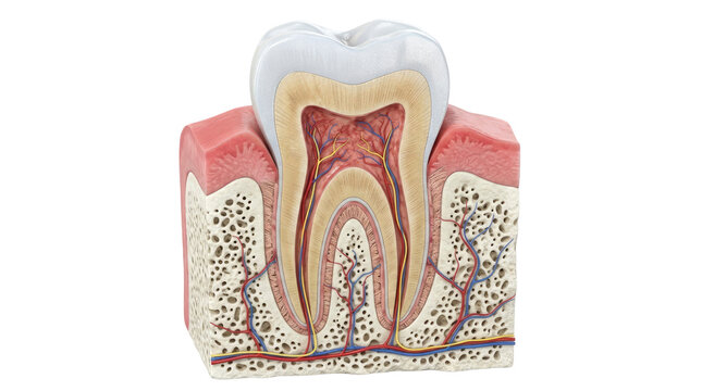 Human tooth anatomy showing enamel dentin pulp chamber roots nerves blood vessels and jawbone isolated on white background