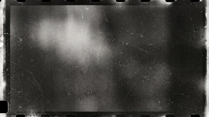 Obraz premium Black and white film negative frame with scratches and sprocket holes