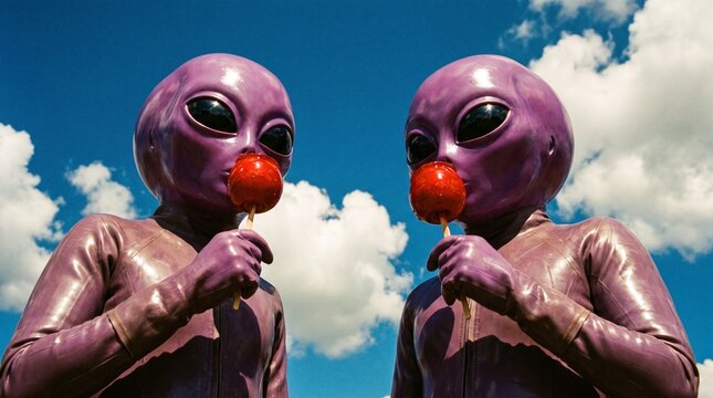 Surreal purple alien figures eating candy apples, extraterrestrial creatures in glossy suits under blue sky, retro scifi concept art photography