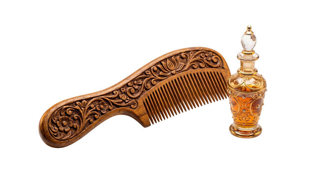 Vintage carved wooden comb, handcrafted wooden hair comb with floral detail, vintage glass perfume bottle on white background