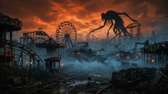 Giant shadowy creature stalks through a decaying abandoned amusement park in this eerie cinematic dark fantasy motion video animation project