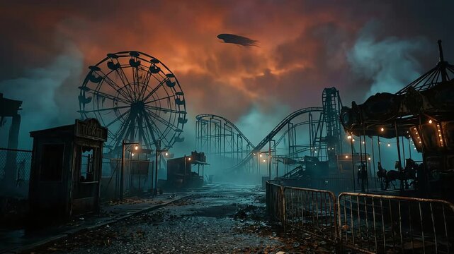 Abandoned carnival fairground at night featuring eerie roller coaster silhouette with thick misty fog and cinematic orange glowing sky motion