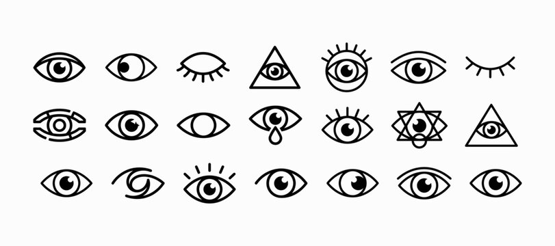 Collection of hand drawn eye icons featuring various styles and expressions in a simple black line art design