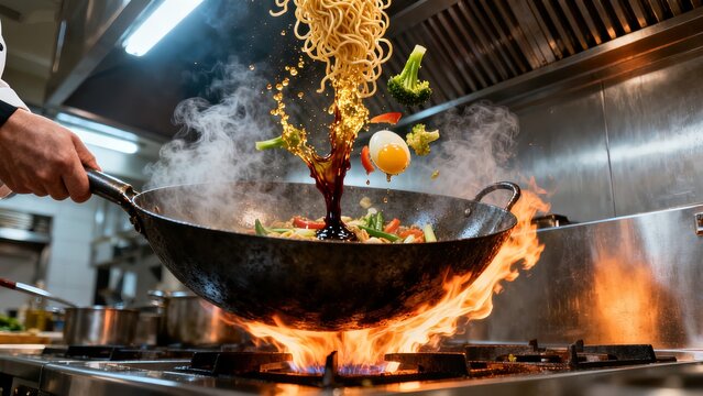 Dynamic Wok Stir-Frying Noodles with Flames and Tossed Ingredients Action Shot