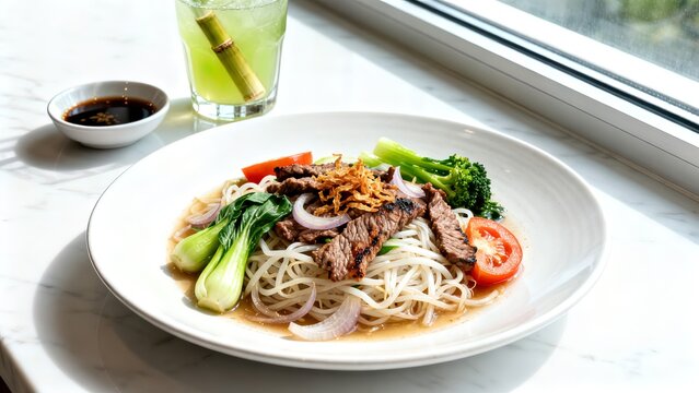 Vietnamese Pho Xao Stir-Fried Beef Rice Noodles with Vegetables