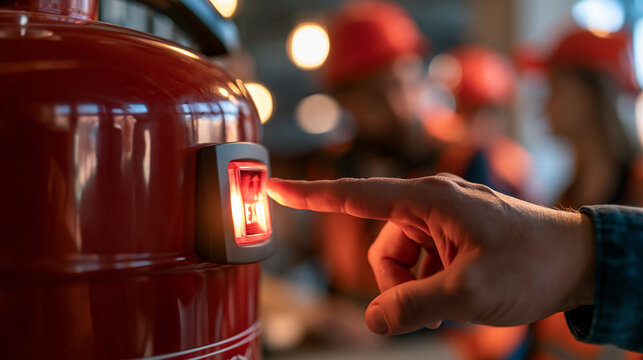 Faceless finger activating an emergency button near a fire extinguisher, office workers and safety helmets visible in the defocused background, with copy space