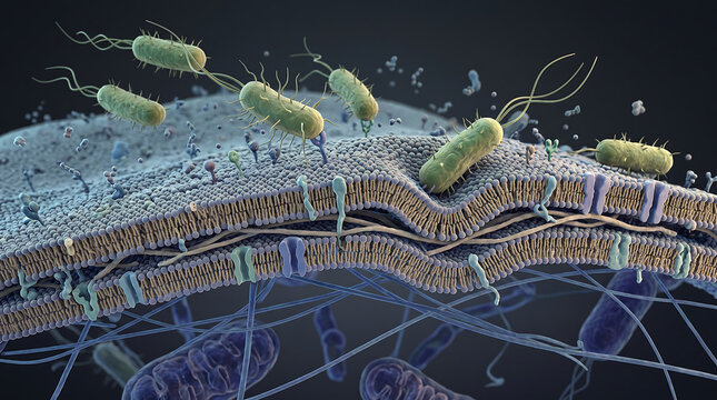 Microscopic visualization of rod-shaped bacteria with flagella interacting with a lipid bilayer cell membrane, showing protein receptors and cellular structures